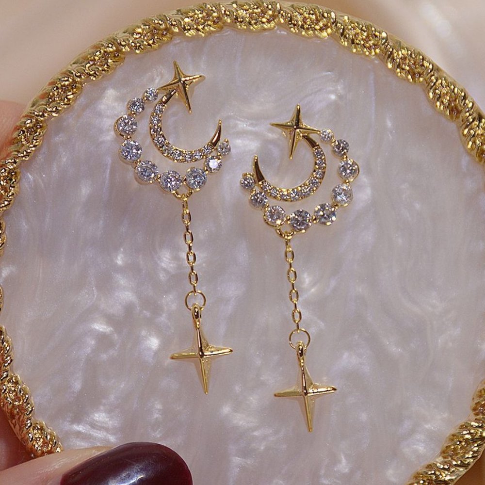 Gold Crescent and Star Earrings